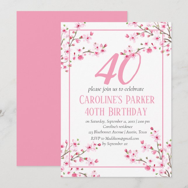 Invitation Fleur de cerise rose rousse 40e anniversaire Flora (Devant / Derrière)