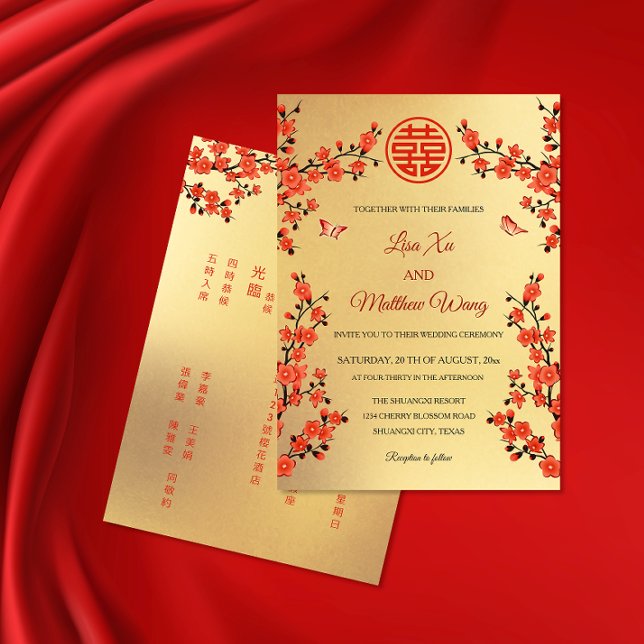 Invitation Fleur de cerise rouge bilingue | Mariage chinois (Créateur téléchargé)