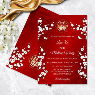 Invitation Fleur de cerisier blanc   Mariage chinois rouge