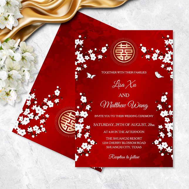 Invitation Fleur de cerisier blanc | Mariage chinois rouge (Créateur téléchargé)