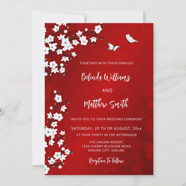 Invitation Fleur de cerisier blanche rouge | Mariage (Devant)