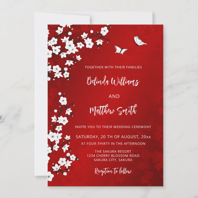 Invitation Fleur de cerisier blanche rouge | Mariage (Devant)