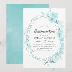 Invitation Fleur de cerisier bleue géométrique Quinceañera de