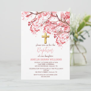 Invitation Fleur de cerisier Floral Élégant Croix Fille Baptê