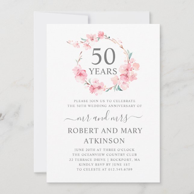 Invitation Fleur de cerisier rose 50e anniversaire de mariage (Devant)