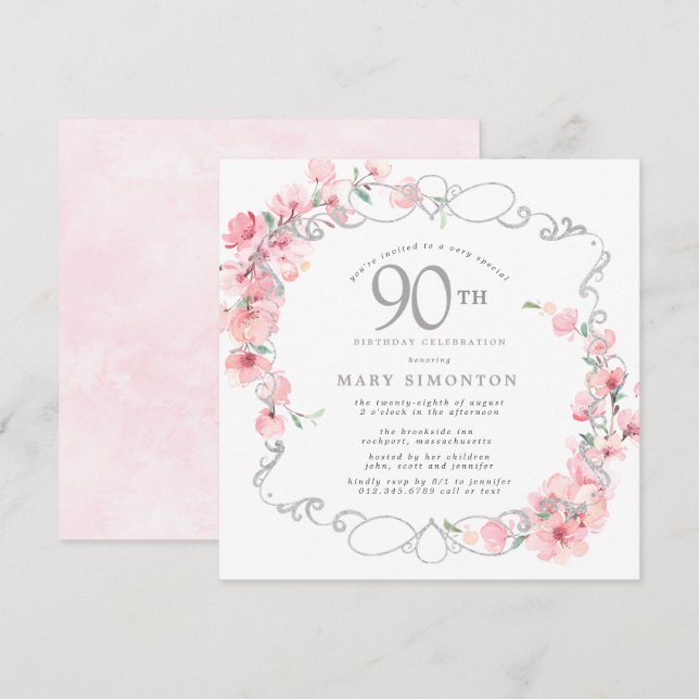 Invitation Fleur de cerisier rose 90e anniversaire (Devant / Derrière)