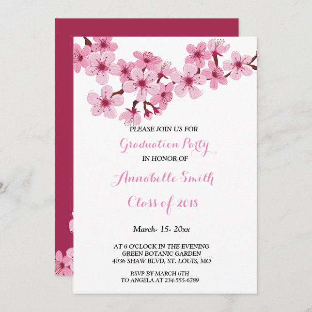 Invitation Fleur de cerisier rose blanc Fleur de Graduation P (Devant / Derrière)