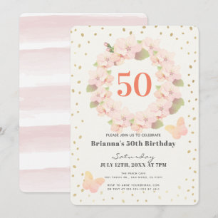 Invitation Fleur de cerisier rose et or Floral Adulte anniver