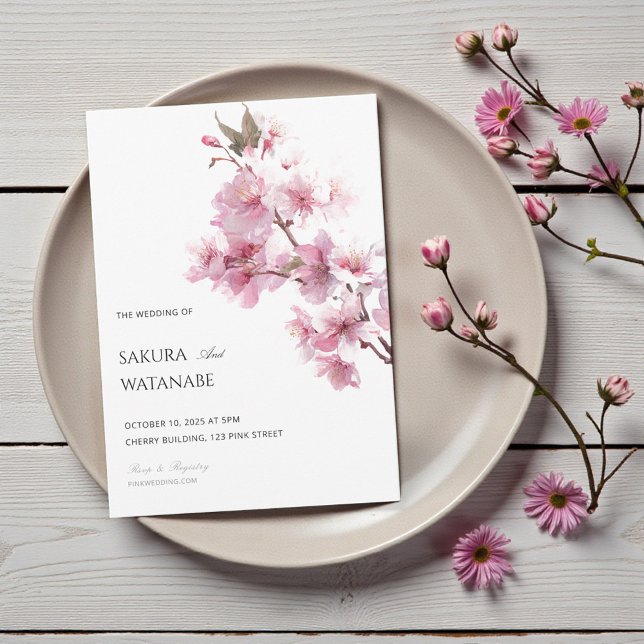Invitation Fleur de Cerisier Rose Fardée Mariage Japonais (Blush Pink Cherry Blossom Flower Japanese Wedding Invitation)