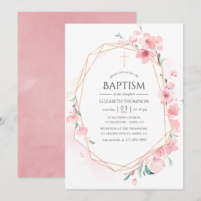 Invitation Fleur de cerisier rose géométrique baptême (Devant / Derrière)