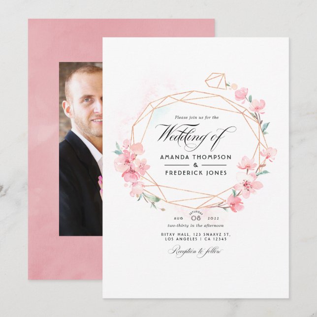 Invitation Fleur de cerisier rose géométrique mariage de prin (Devant / Derrière)