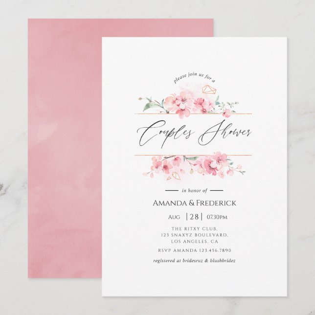 Invitation Fleur de cerisier rose géométrique pour douche de  (Devant / Derrière)