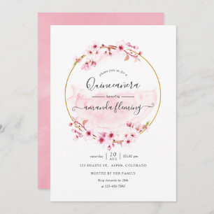 Invitation Fleur de cerisier rose géométrique Quinceañera