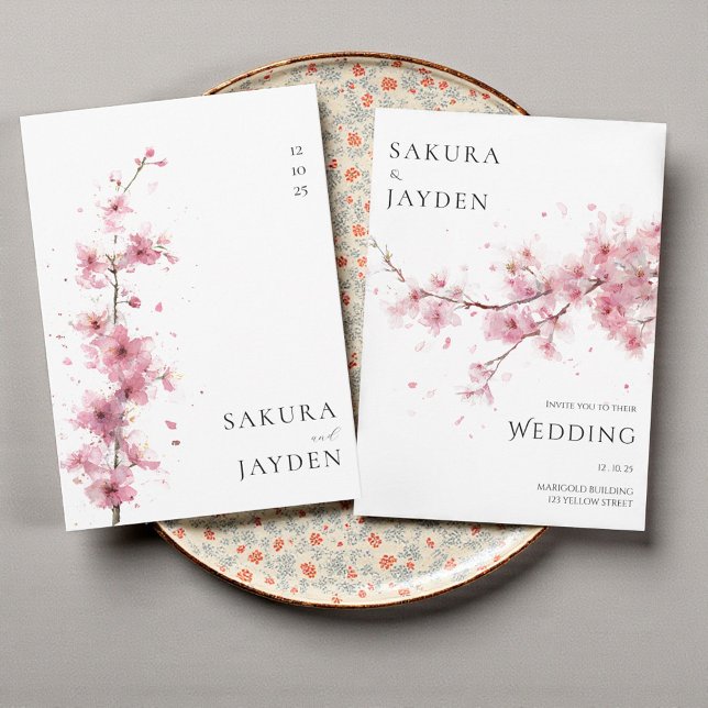 Invitation Fleur de cerisier rose rose mariage japonais  (Blush Pink Cherry Blossom Flower Japanese Wedding Invitation)