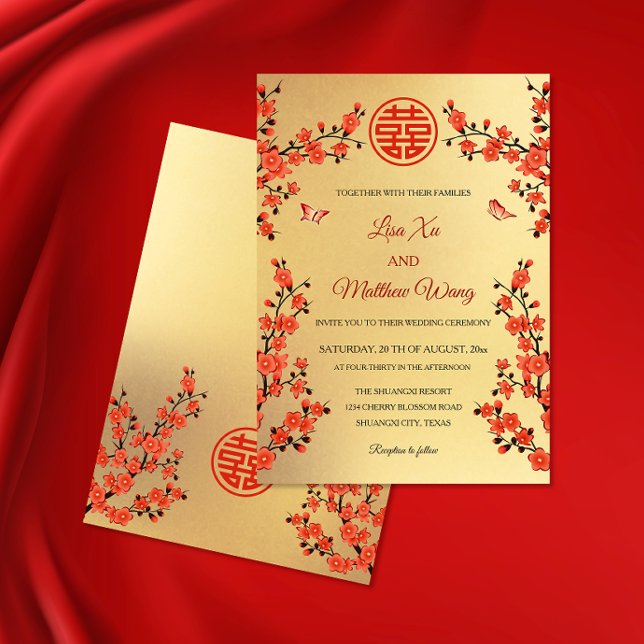 Invitation Fleur de cerisier rouge | Mariage chinois (Créateur téléchargé)