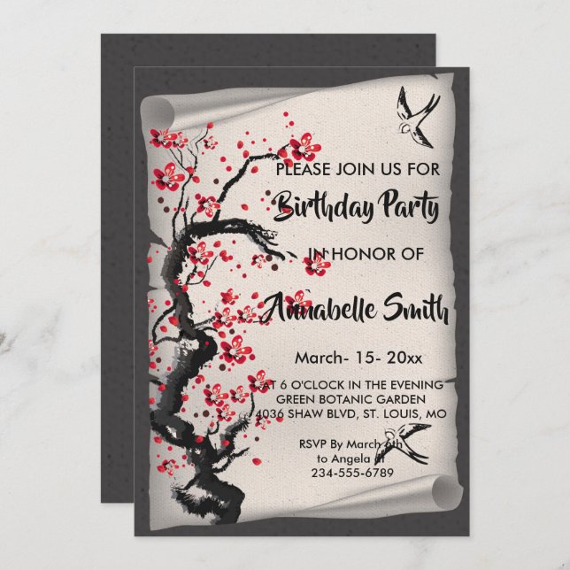 Invitation Fleur de cerisier vintage (Devant / Derrière)