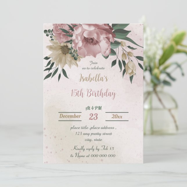 Invitation fleur de champagne rose anniversaire botanique (Debout devant)