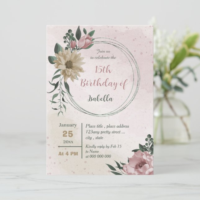Invitation fleur de champagne rose anniversaire botanique (Debout devant)