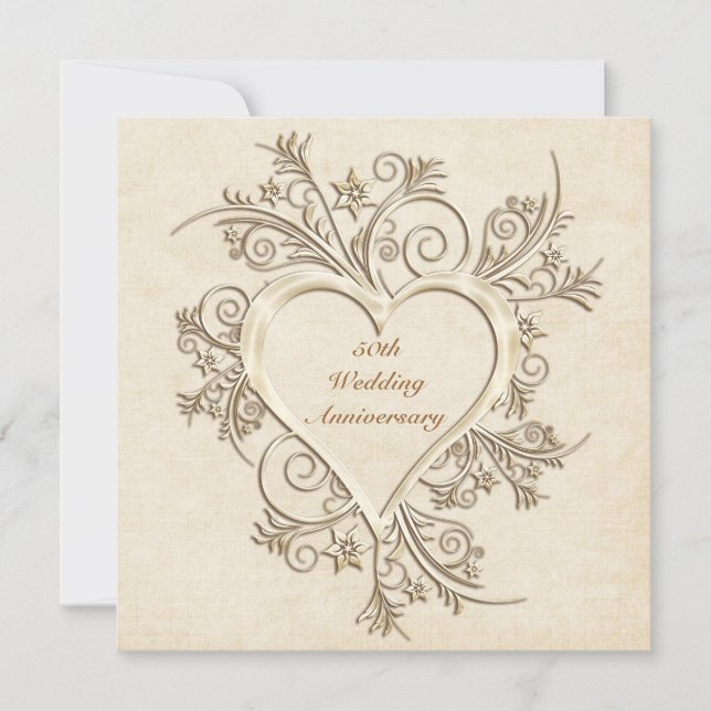 Invitation Fleur de Coeur en Or pour 50e Anniversa (Devant)
