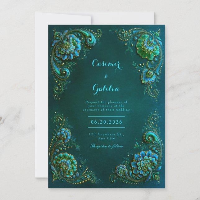 Invitation Fleur de coin de mariage sarcelle émeraude (Devant)