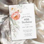 Invitation Fleur de corail feminine 40e anniversaire<br><div class="desc">Célébrez un 40ème anniversaire de style féminin avec cette élégante invitation à la fête florale aquarelle avec pêche corallienne et pivoines d'ivoire avec verdure. Personnalisez le modèle de texte avec les détails de votre événement. Cette invitation est disponible en format numérique à la fois imprimé et en téléchargement instantané pour...</div>