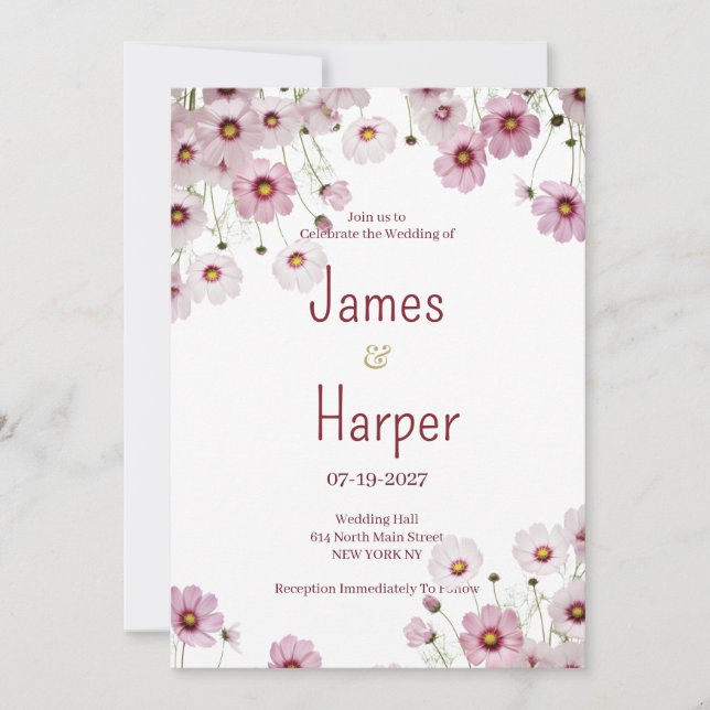 Invitation Fleur de cosmos rose burgundy Mariage (Devant)