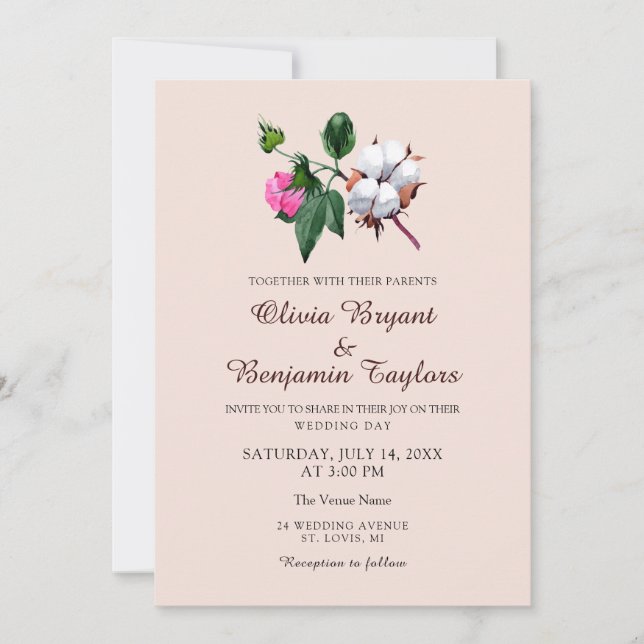 Invitation Fleur de coton blanc. Mariage botanique rustique (Devant)