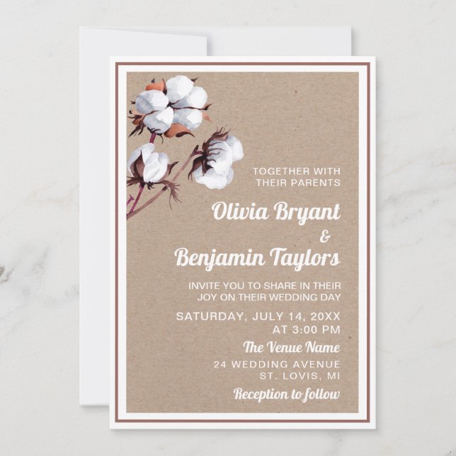 Invitation Fleur de coton blanc. Mariage Kraft élégant classi (Devant)
