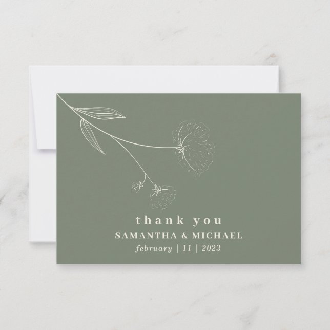 Invitation Fleur de coton Boho vert sauge beige merci (Devant)