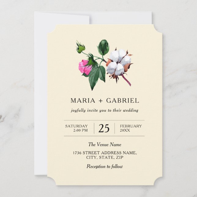 Invitation Fleur de coton en fleurs. Mariage botanique rustiq (Devant)