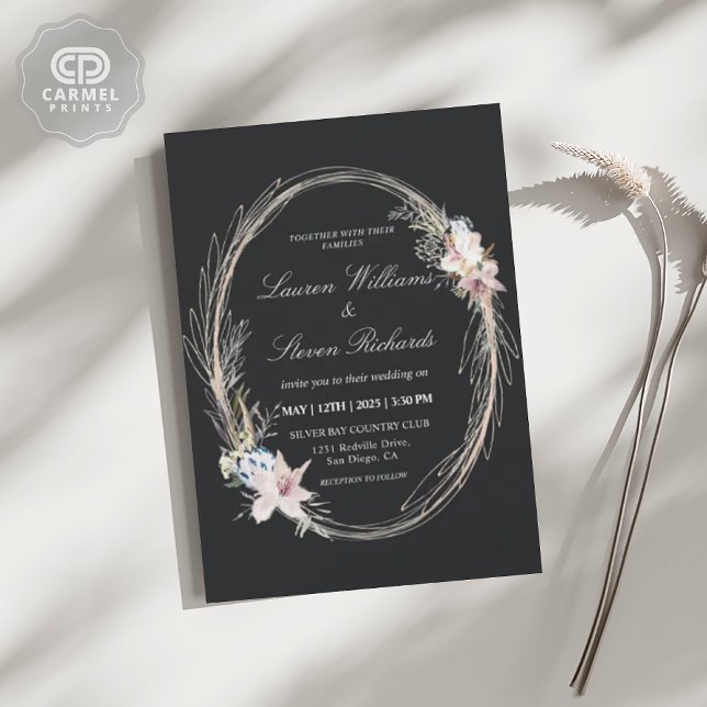 Invitation Fleur de couronnes blanches roses blanches personn (Custom Black Pink Whimsical Wreath Floral Premium Invitation)