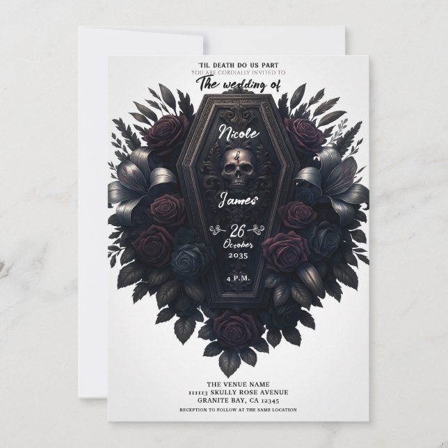 Invitation Fleur de crâne blanc de mariage gothique Coffin Bl (Devant)