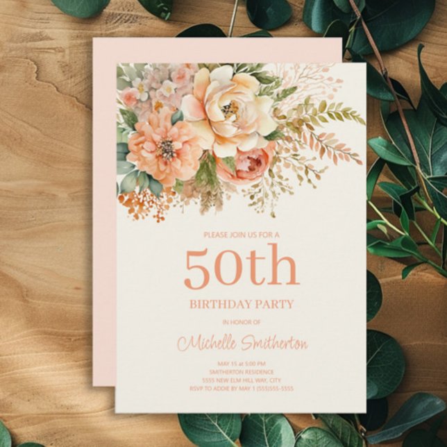 Invitation Fleur de Crème de Pêche Élégante 50e Anniversaire (Peach and cream floral 50th birthday party invitation)