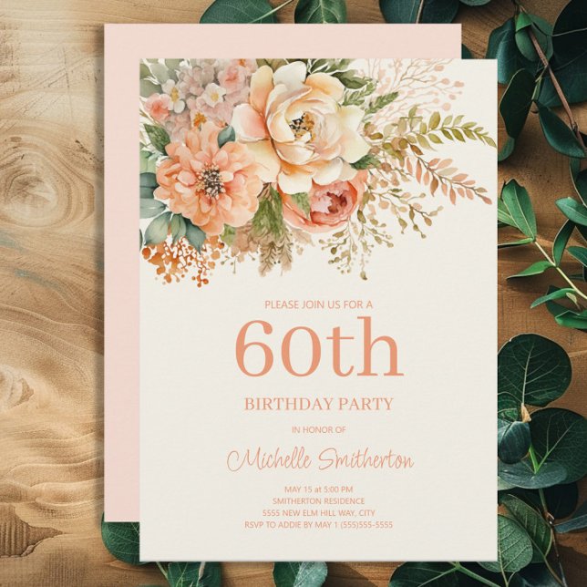 Invitation Fleur de Crème de Pêche Élégante 60e Anniversaire (Peach and cream-colored watercolor floral 60th birthday party invitation)