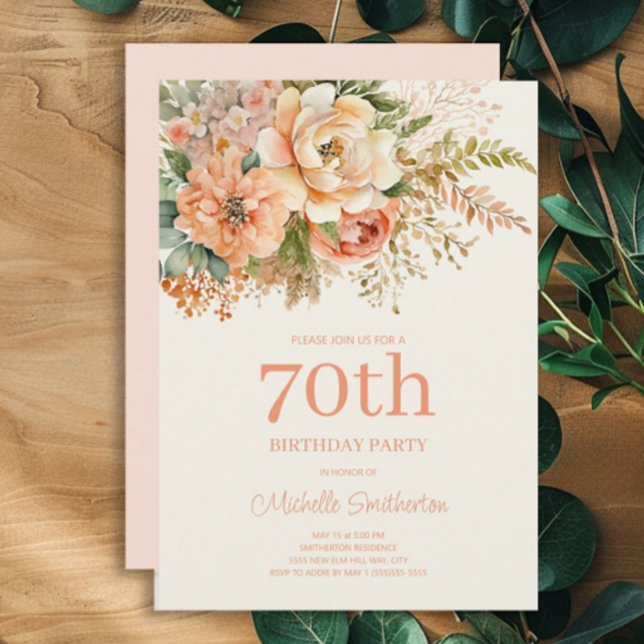 Invitation Fleur de Crème de Pêche Élégante 70e Anniversaire (Peach and cream watercolor floral 70th birthday party invitation)