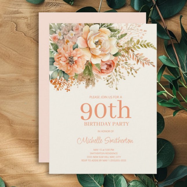 Invitation Fleur de Crème de Pêche Élégante 90e Anniversaire (Peach and cream watercolor floral 90th birthday party invitation)