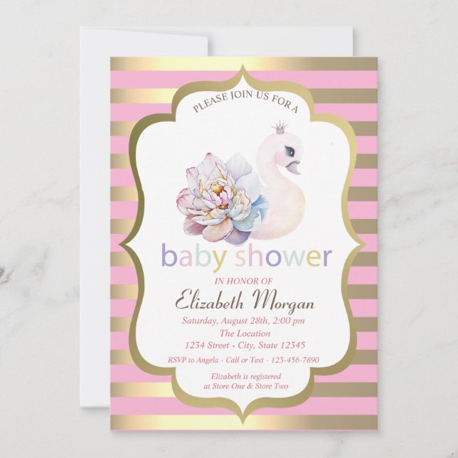 Invitation Fleur de cygne bébé rayure dorée Baby Shower  (Devant)
