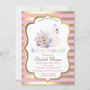 Invitation Fleur de cygne bébé rayure dorée Baby Shower