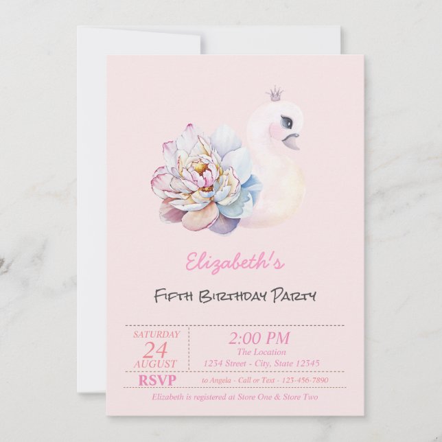 Invitation Fleur de cygne bébé rose Anniversaire (Devant)