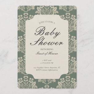 Invitation Fleur de damas vintage pour baby shower vert beige