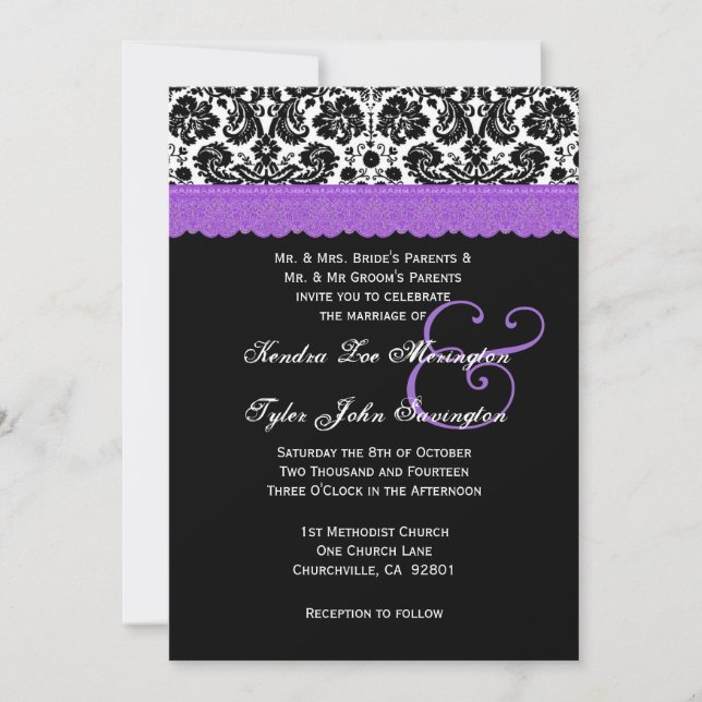 Invitation Fleur de dentelle violette blanche noire Mariage d (Devant)
