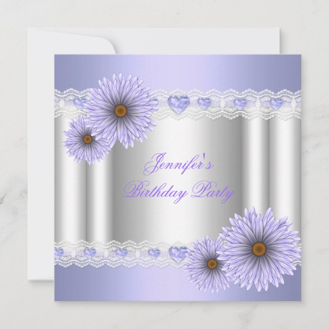 Invitation Fleur de fête d'anniversaire argentée lilas de tou (Devant)