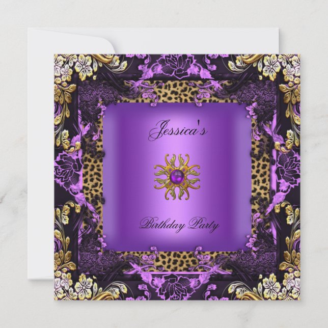 Invitation Fleur de fête d'anniversaire Violet Or Noir Léopar (Devant)