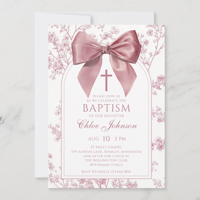 Invitation Fleur de fille rose vintage baptême (Devant)