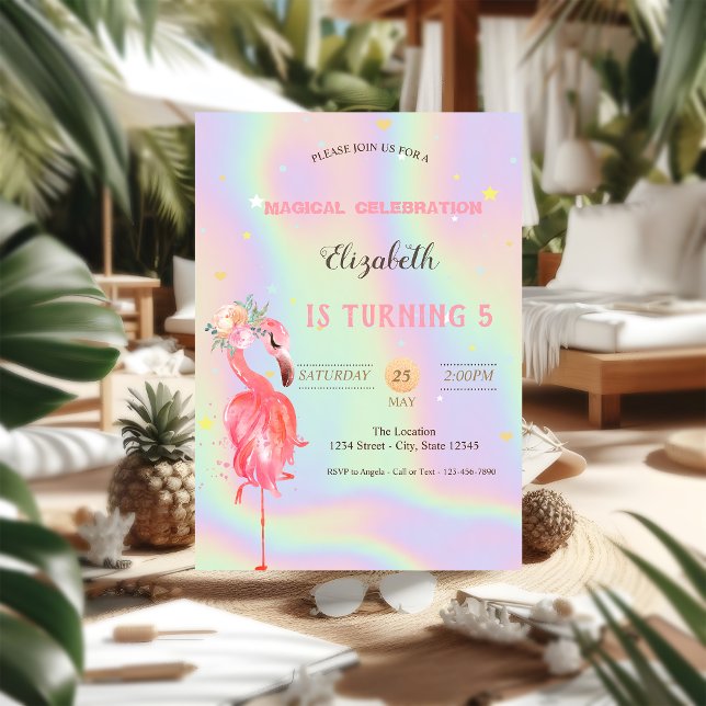 Invitation Fleur de flamants roses, anniversaire holographiqu (Créateur téléchargé)