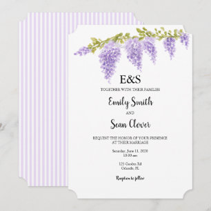Invitation Fleur de glycine mariage monogramme rayure violett