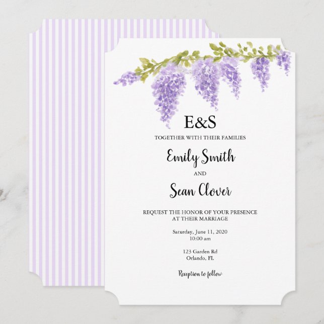 Invitation Fleur de glycine mariage monogramme rayure violett (Devant / Derrière)