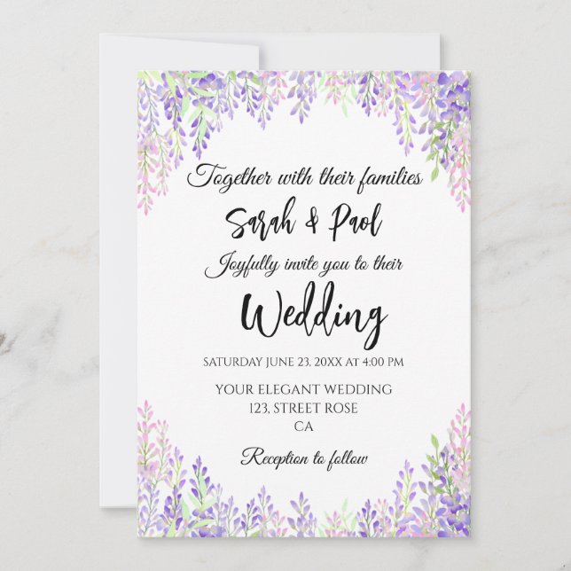 Invitation Fleur de glycine violette élégante Mariage  (Devant)