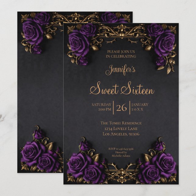 Invitation Fleur de Gothic Sweet 16 violet foncé (Devant / Derrière)