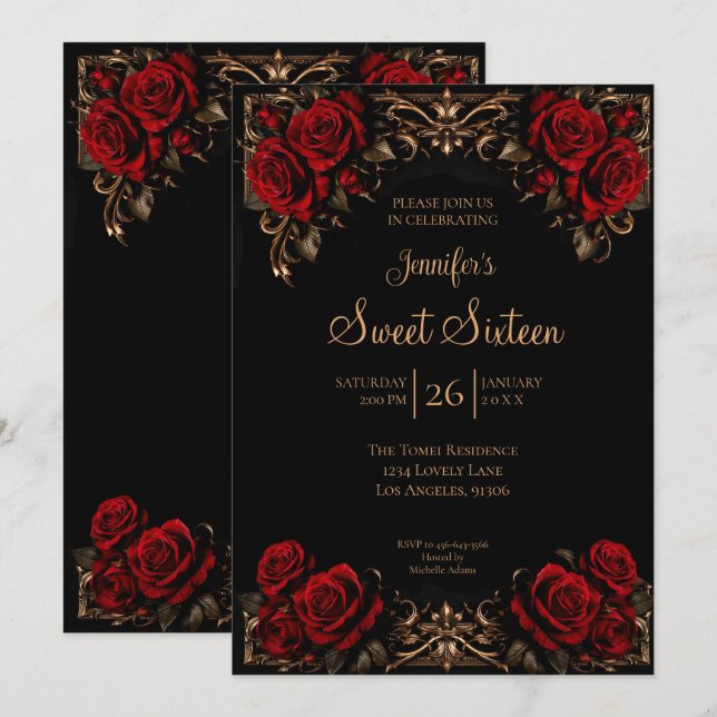 Invitation Fleur de gothique rouge foncé Sweet 16 (Devant / Derrière)